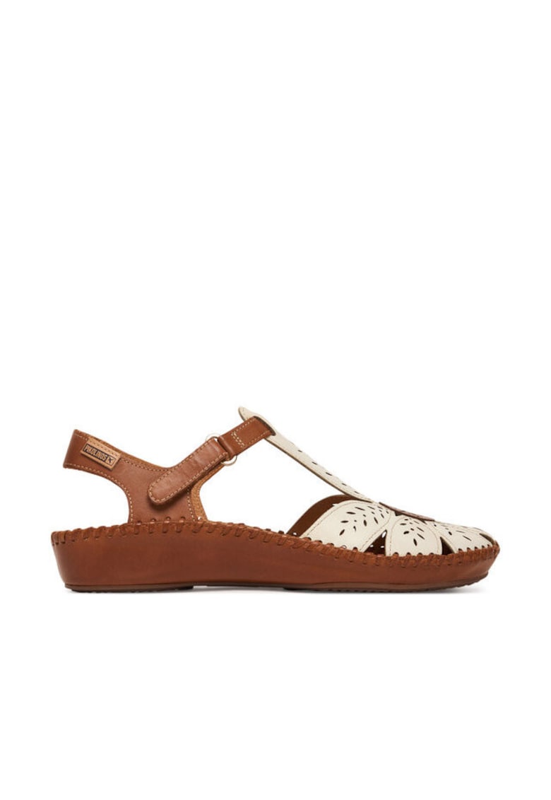 Sandale dama - piele naturala - alb/maro - sistem inchidere Velcro