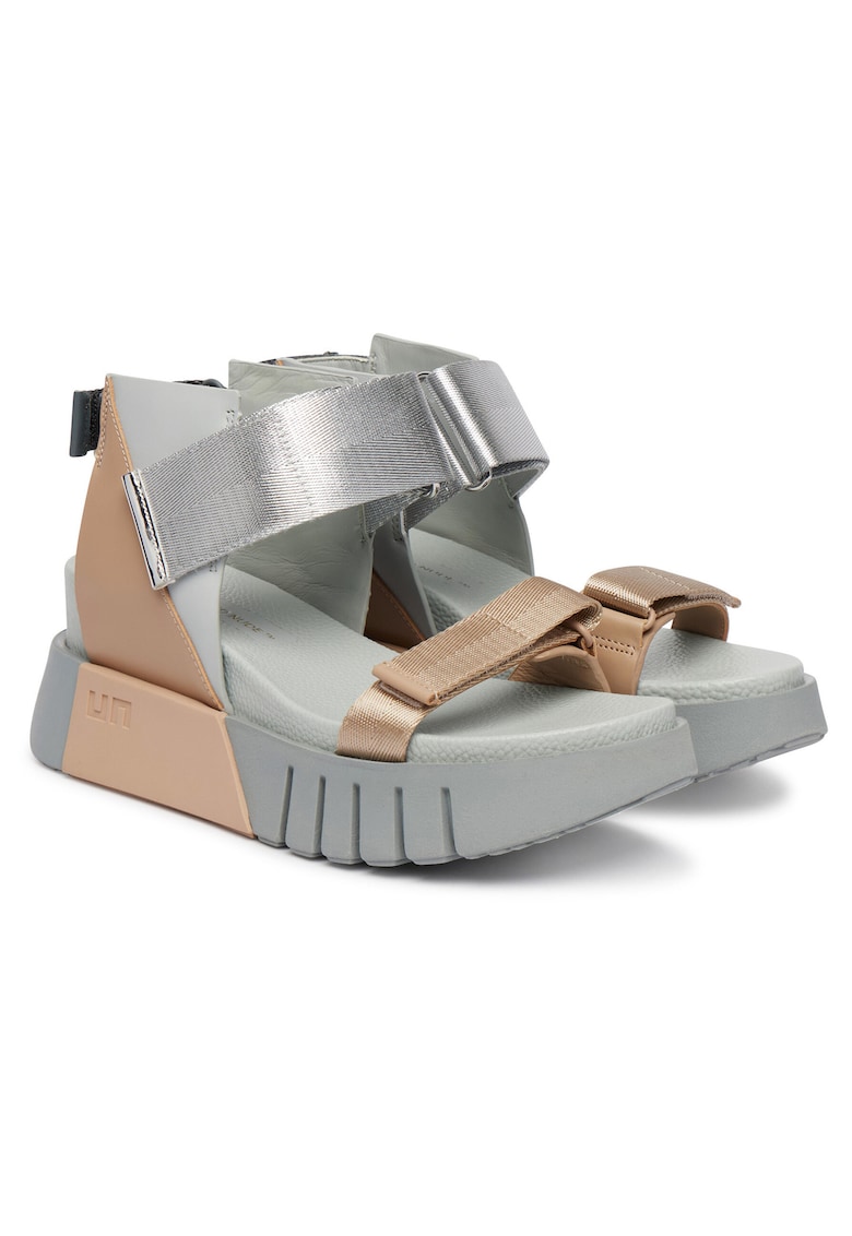 Sandale dama - gri/bej - material textil - sistem inchidere Velcro