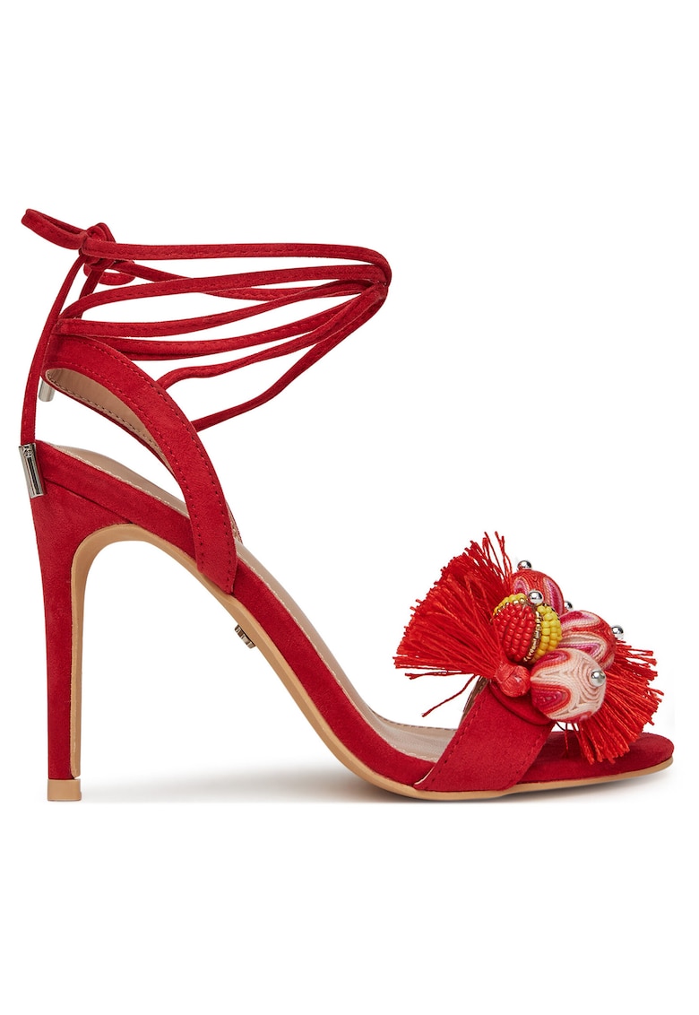 Sandale dama - stiletto - franjuri si margele - rosu - textil