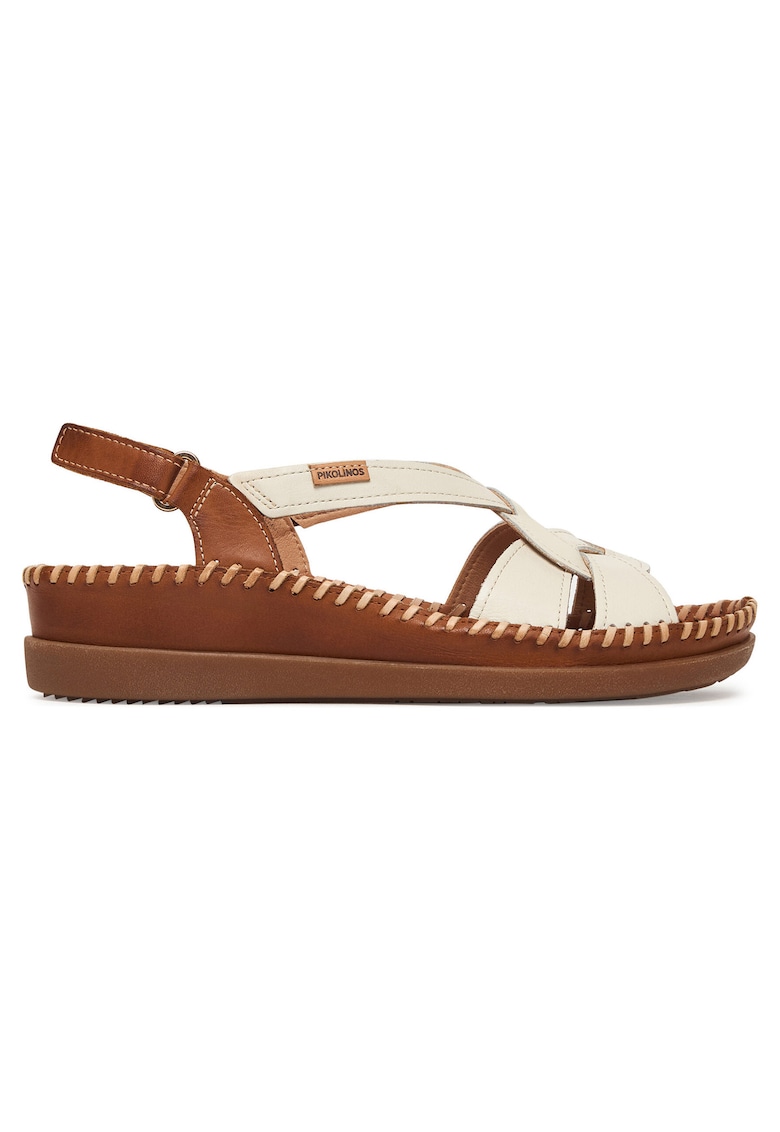 Sandale de dama - piele naturala - alb/maro - sistem inchidere Velcro