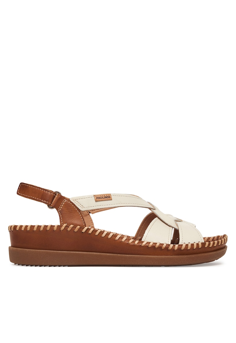 Sandale de dama - piele naturala - alb/maro - sistem inchidere Velcro