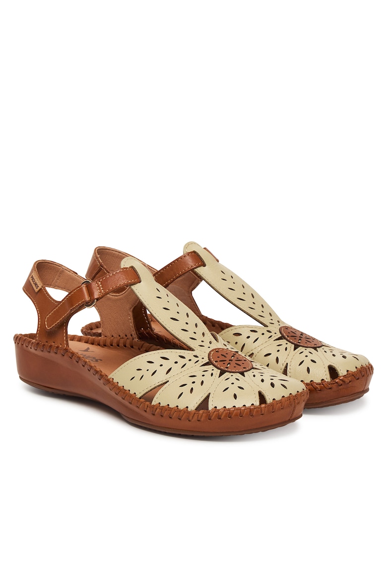 Sandale dama piele naturala - bej/maro - sistem inchidere Velcro