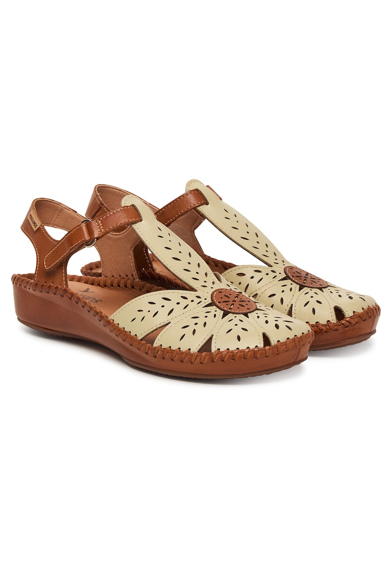 Sandale dama piele naturala - bej/maro - sistem inchidere Velcro