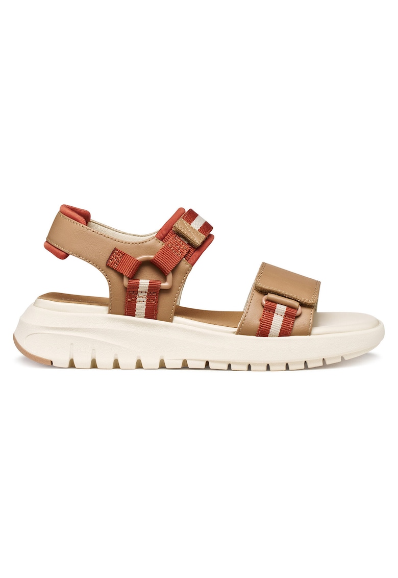 Sandale dama piele ecologica - maro/rosu - sistem inchidere Velcro