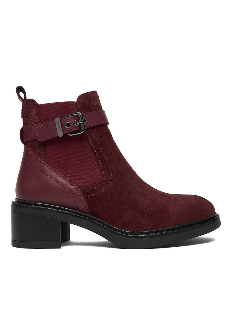 Botine dama - piele intoarsa si piele naturala - rosu - cu toc bloc