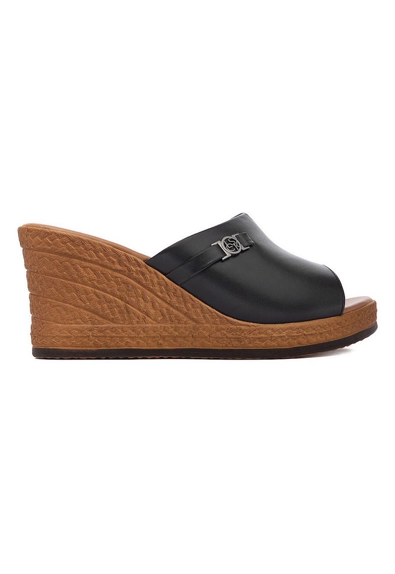 Papuci cu platforma dama - piele naturala - negru - elastic