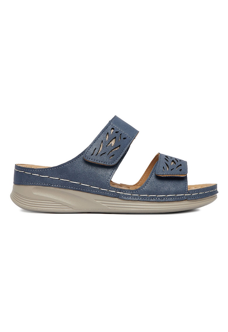 Papuci dama - piele ecologica - albastru - cu velcro - platforma subtire