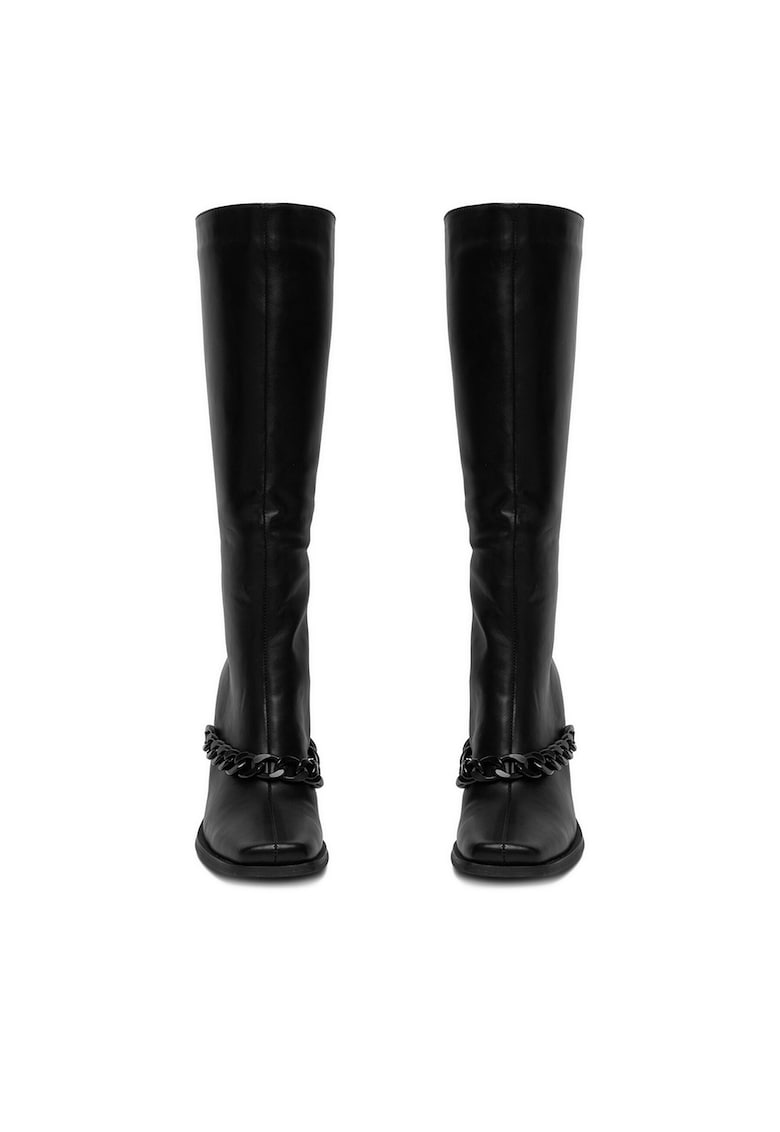Cizme dama - tocul gros - varf patrat - negru - material sintetic