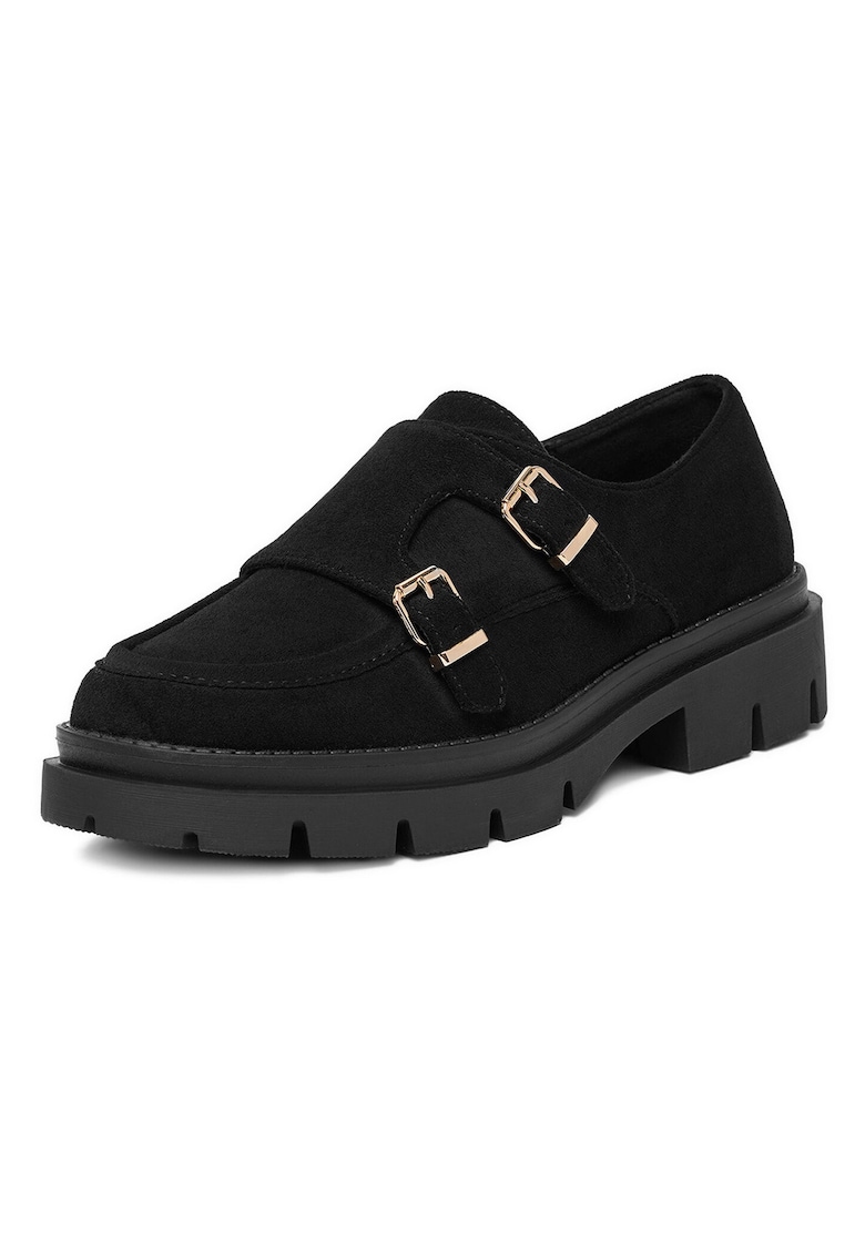 Mocasini dama - textil - negru - talpa groasa - varf rotund