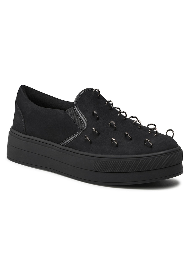 Mocasini dama - piele ecologica - negru - talpa groasa - insertii elastice