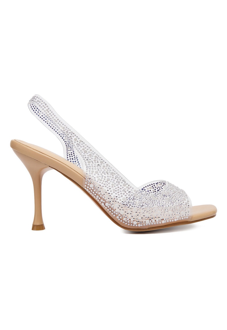 Sandale dama - stiletto - bej - sintetic/argintiu - cu decoratiuni