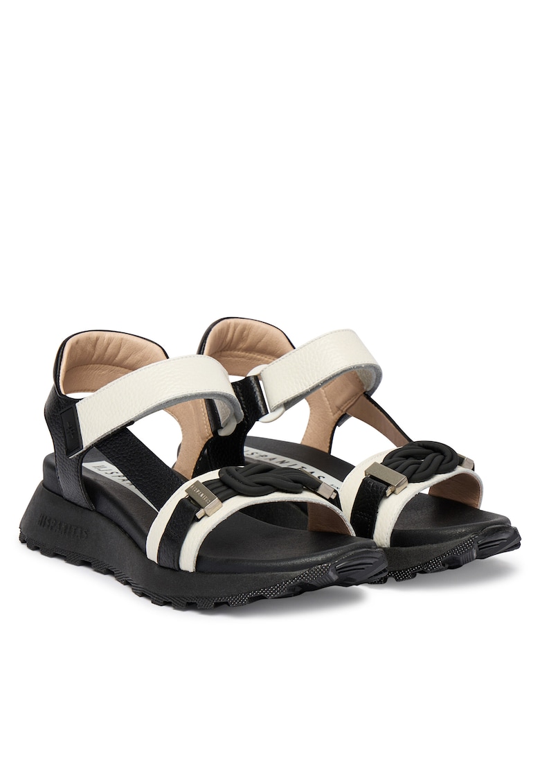 Sandale dama - piele naturala - bej/negru - sistem inchidere Velcro