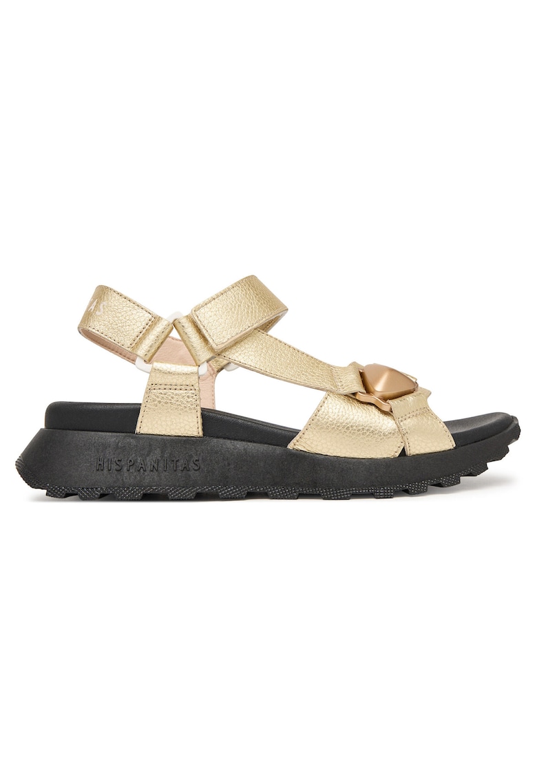 Sandale dama - piele naturala - auriu/negru - sistem inchidere Velcro