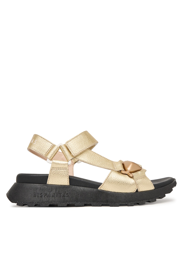 Sandale dama - piele naturala - auriu/negru - sistem inchidere Velcro