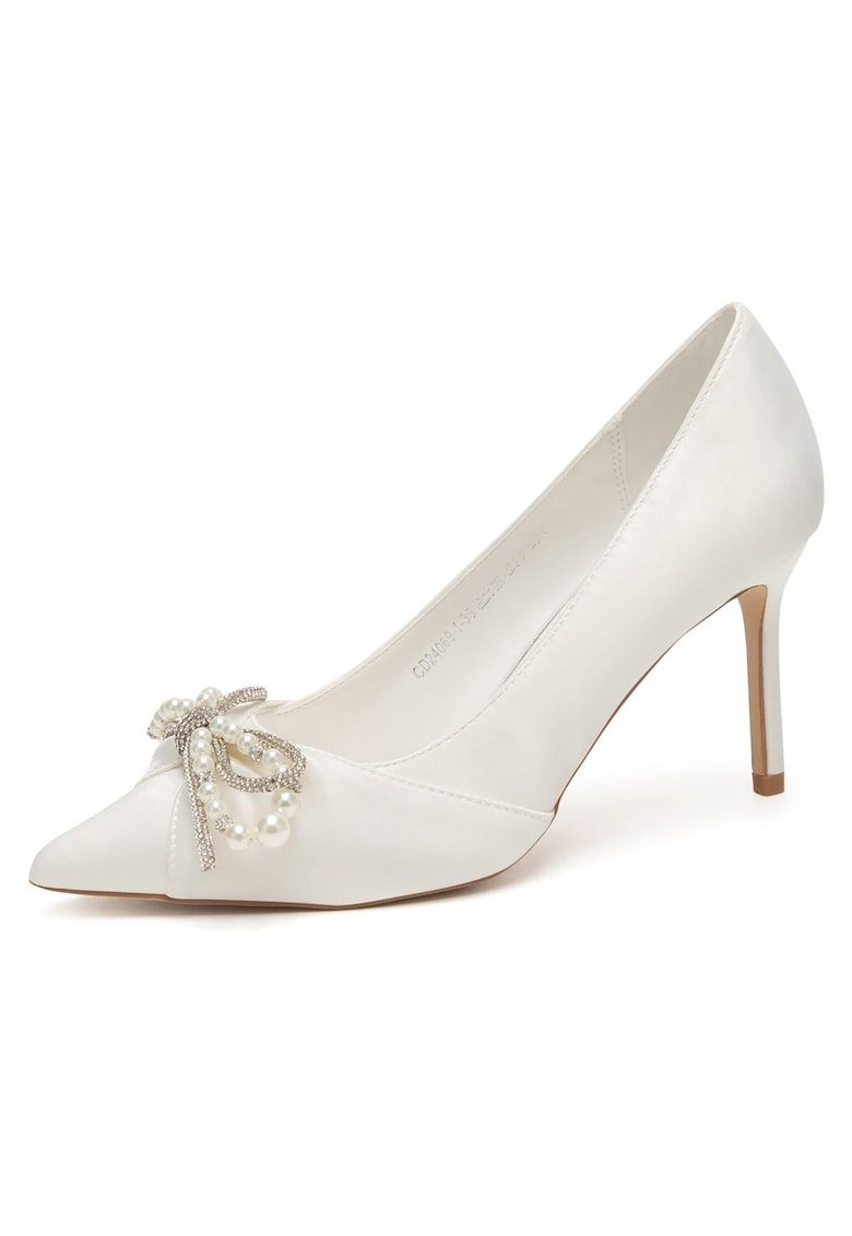 Pantofi dama - stiletto - alb - textil - decoratiuni cu margele si zirconiu