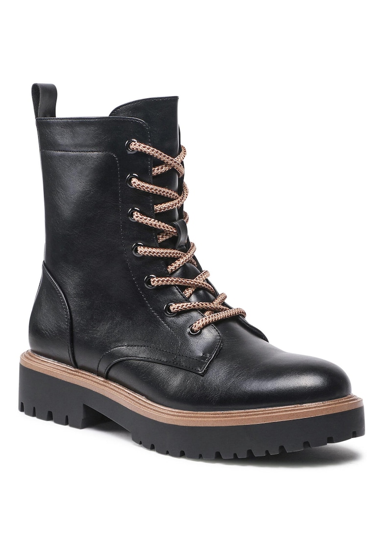 Ghete dama - piele ecologica - negru - detalii bej - fermoar - Negru