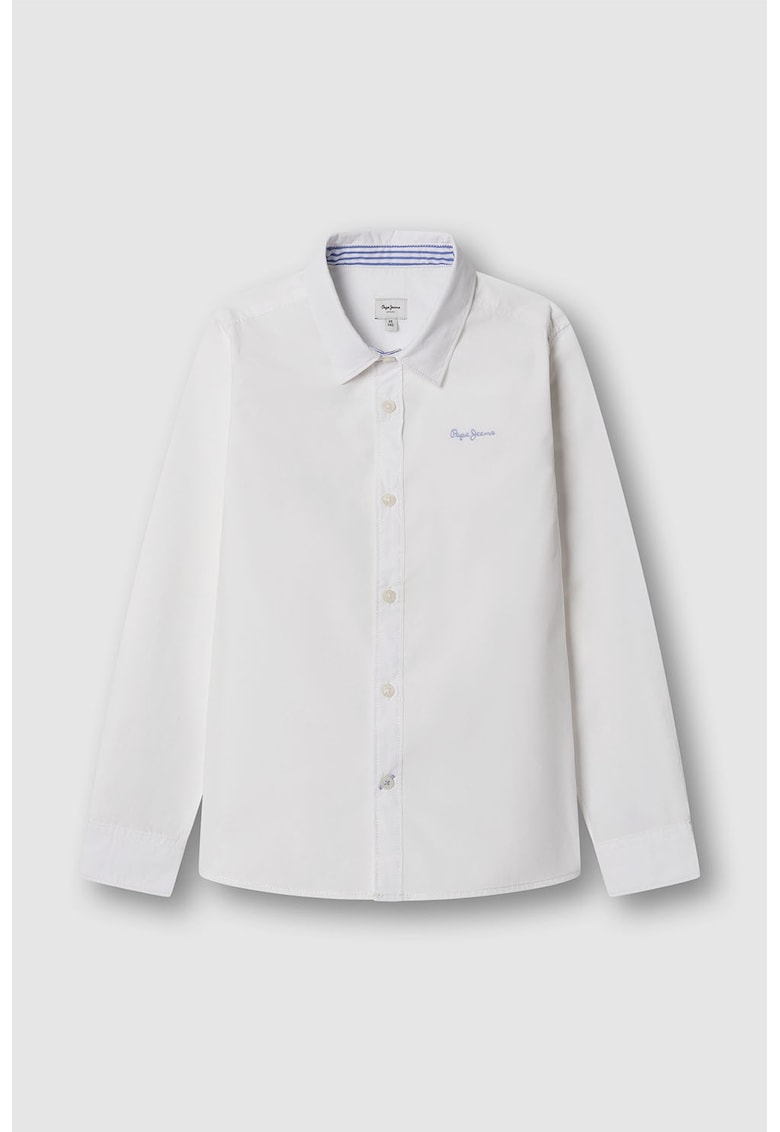 Camasa uni din bumbac cu maneci lungi - Albastru azur/Alb optic