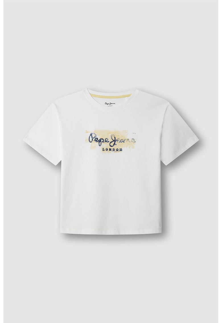 Tricou de bumbac cu decolteu la baza gatului - Bej/Alb optic/Bleumarin