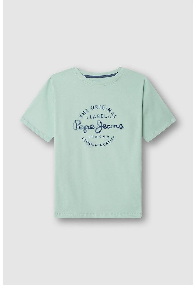 Tricou cu logo si decolteu rotund - Albastru ultramarin/Verde pal