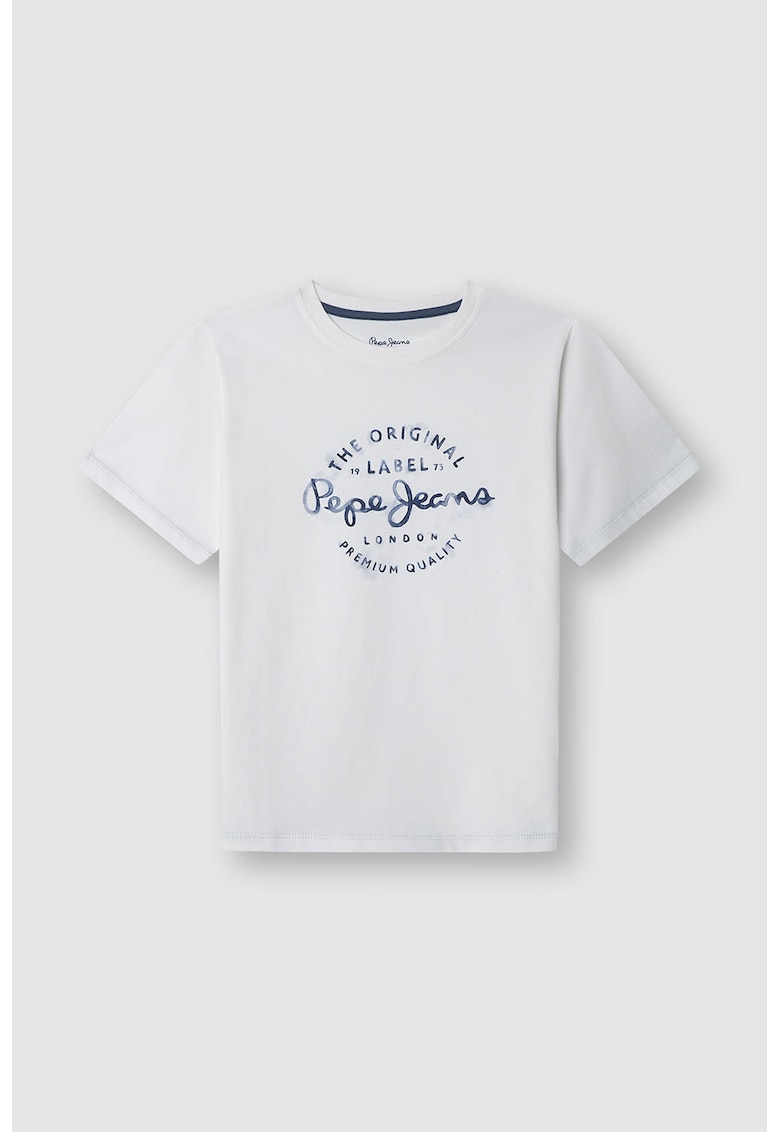 Tricou cu logo si decolteu rotund - Alb optic/Bleumarin