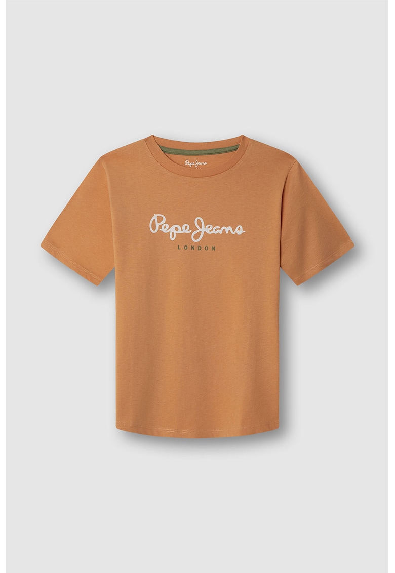 Tricou de bumbac cu imprimeu logo - Portocaliu mandarina/Alb murdar/Verde feriga