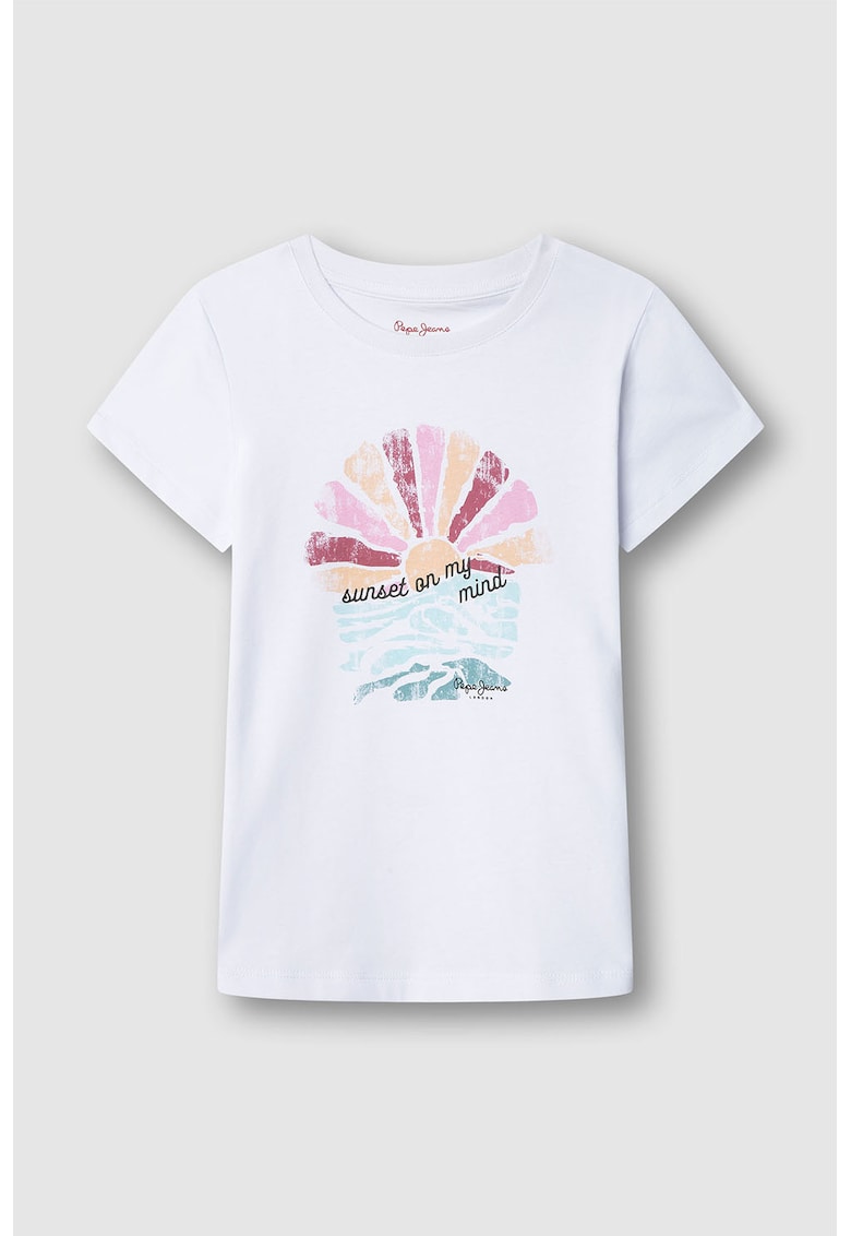 Tricou cu decolteu la baza gatului si imprimeu - Roz deschis/Portocaliu pal/Rosu stins/Alb optic