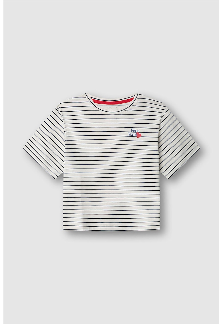 Tricou cu decolteu la baza gatului si dungi - Albastru inchis/Coral/Alb murdar/Bleumarin