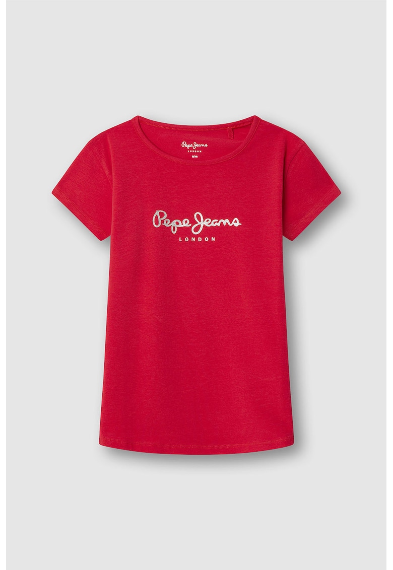 Tricou cu decolteu la baza gatului si logo stralucitor - Gri deschis/Rosu vermillion