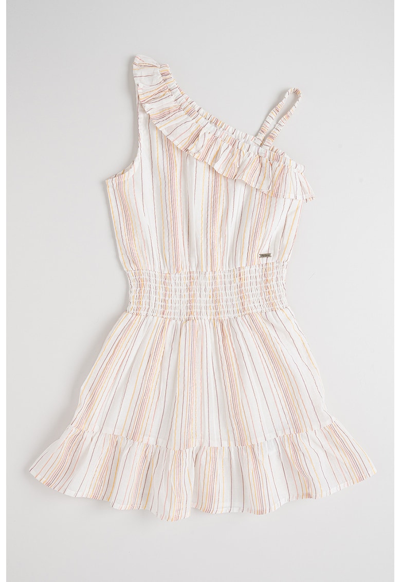 Rochie cu decolteu pe un umar si model in dungi - Auriu/Alb fildes/Roz