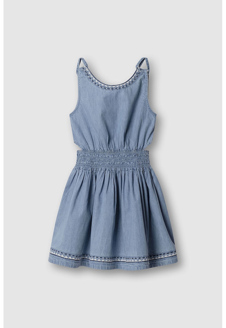 Rochie din denim cu decolteu in V si talie elastica - Albastru lavanda