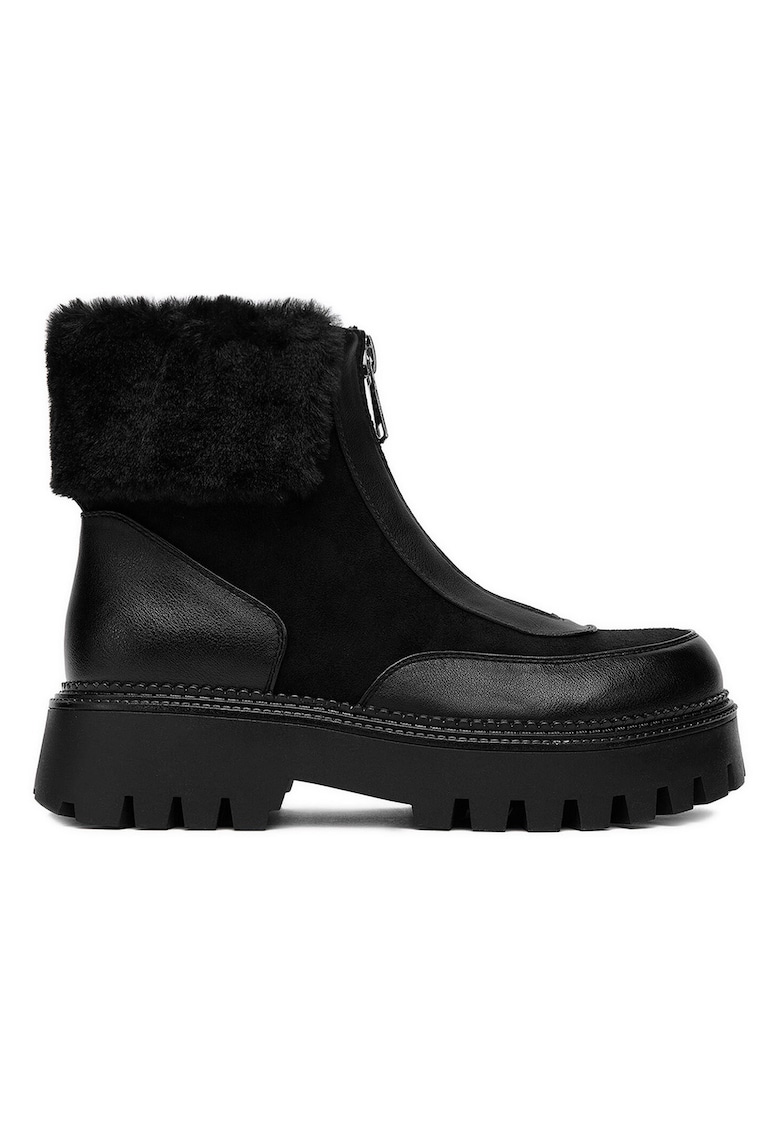 Botine dama - negru - material sintetic - varf rotund - inchidere cu fermoar -