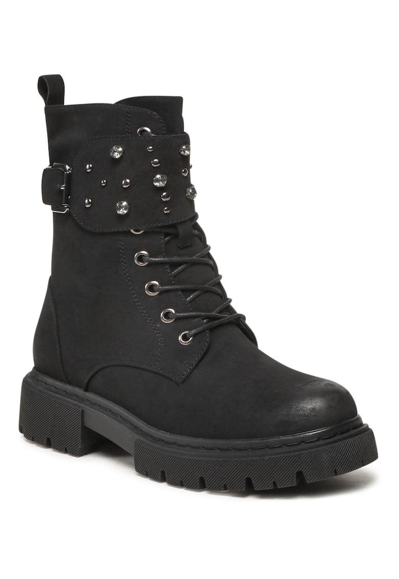 Ghete dama - piele ecologica - negru - strasuri elegante - inchidere cu fermoar -