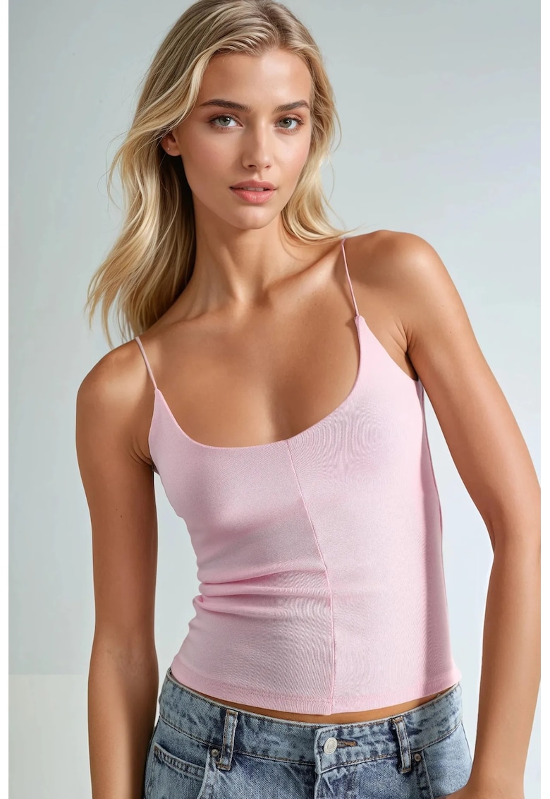 Maiou Slim Fit cu Decolteu in V - Roz - Jerseu Bumbac-Elastan