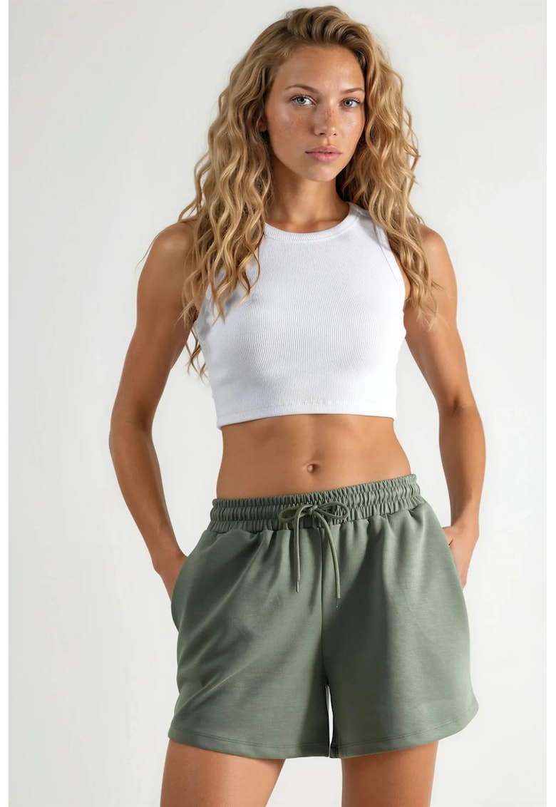 Pantaloni scurti dama talie elastica - buzunare - verde kaki - textil