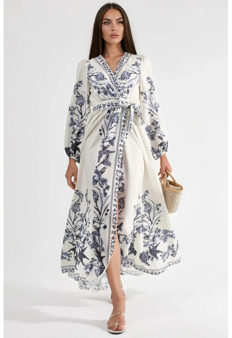 Rochie Maxi dama - Florala - Alb/Bleumarin - Poliester/Lycra