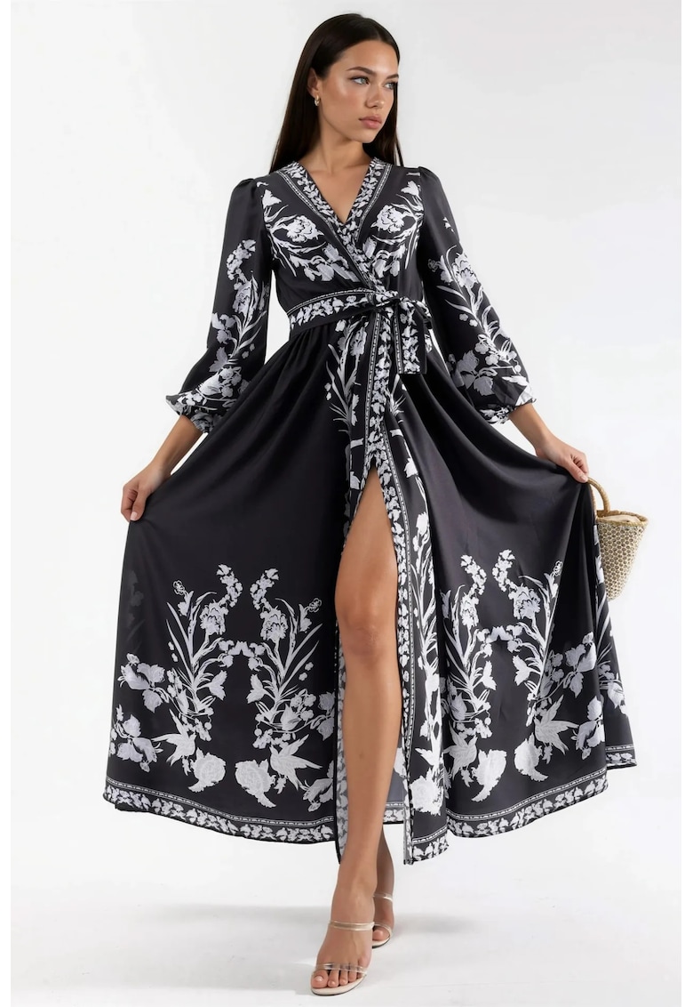 Rochie Maxi - Florala - Decolteu in V - Negru/Alb - Poliester/Lycra