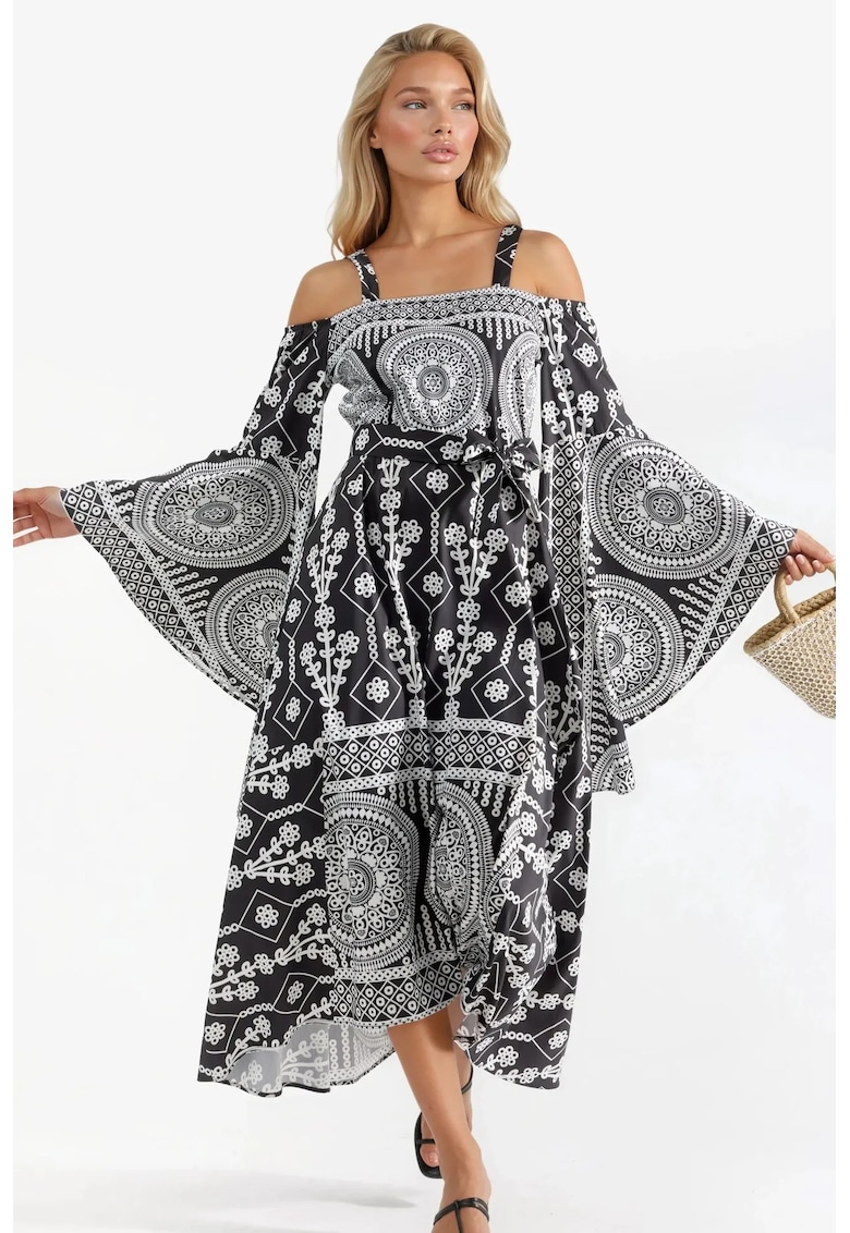 Rochie maxi - decupaje geometrice - negru/alb - poliester-lycra