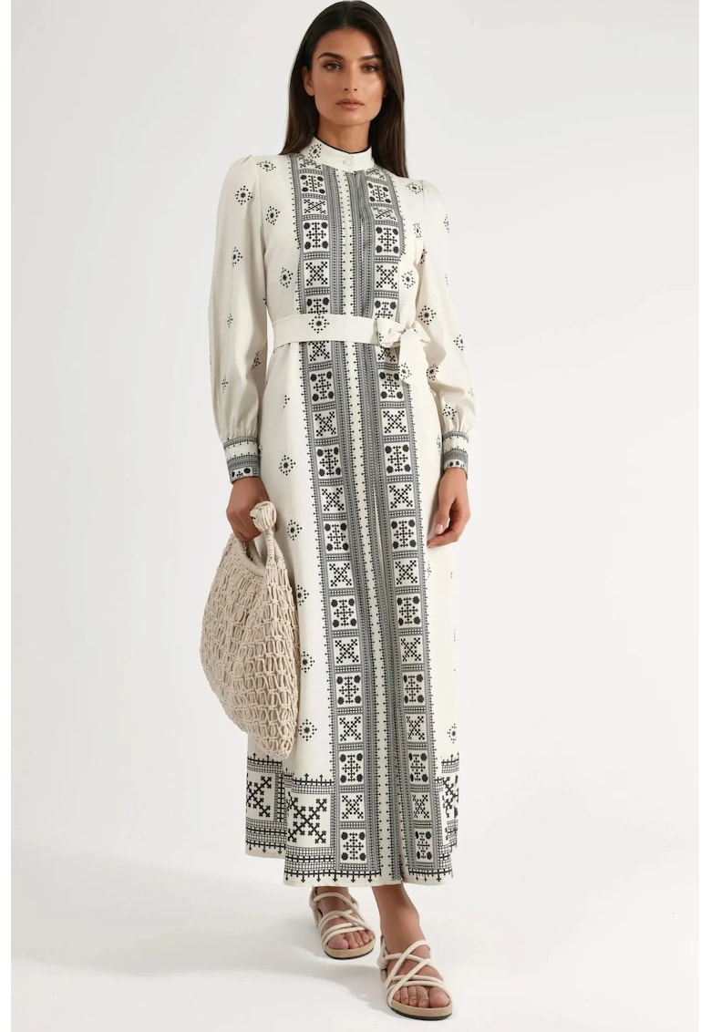 Rochie Maxi guler mandarin - panouri geometrice - negru/ecru - textil