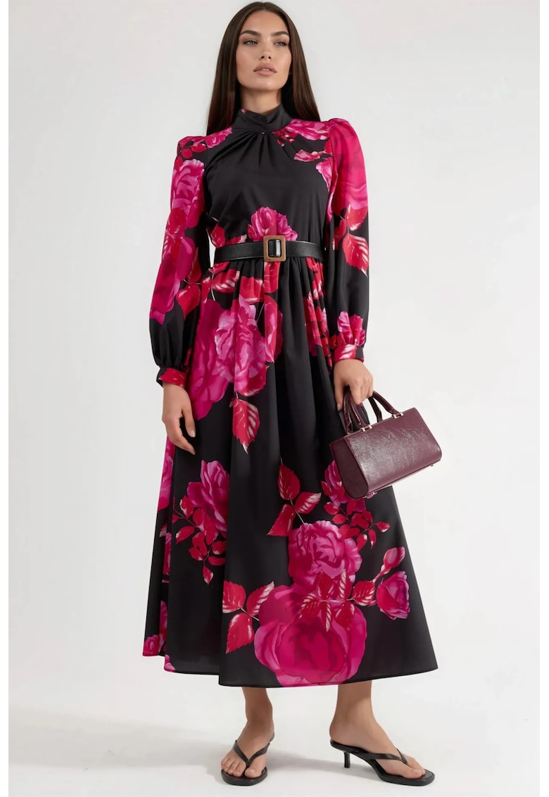 Rochie Maxi - Florala - cu curea - Negru/Roz - Poliester/Lycra