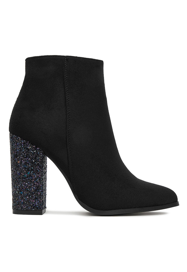 Botine dama - material sintetic - negru - toc gros - inchidere cu fermoar -