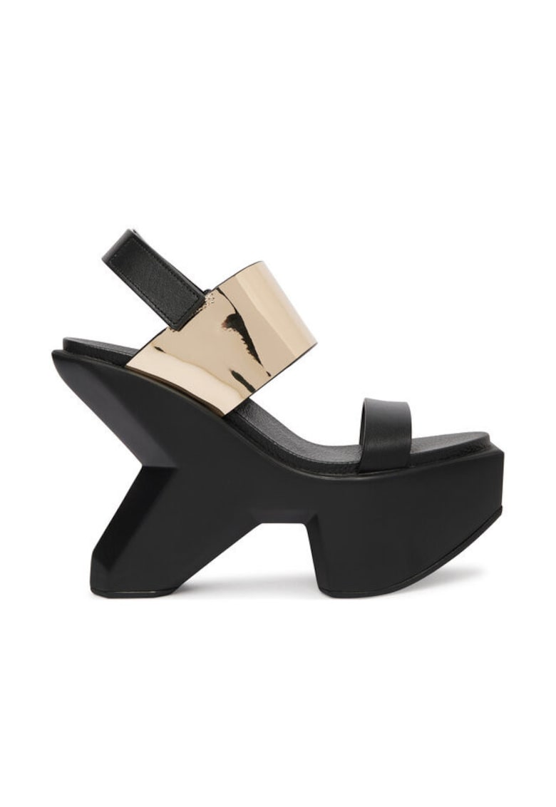 Sandale dama - piele naturala - negru/auriu - sistem inchidere Velcro