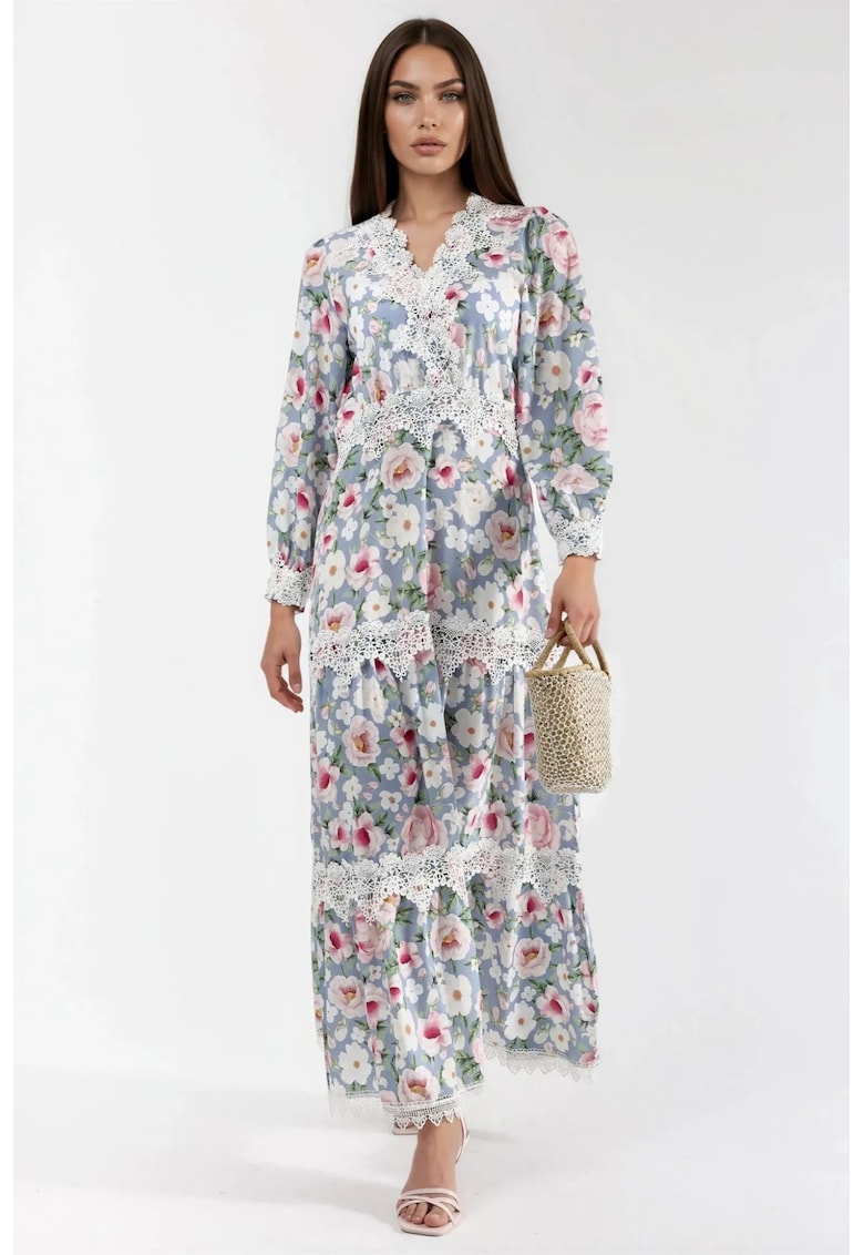 Rochie Maxi - Decolteu in V - Multicolor - Poliester/Bumbac/Lycra