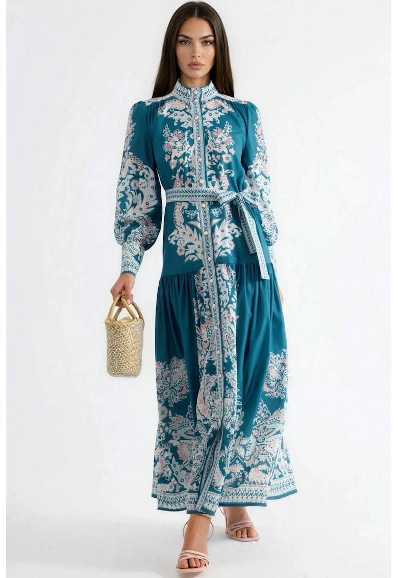 Rochie Maxi MSN - guler mandarin - multicolor - poliester-bumbac-lycra