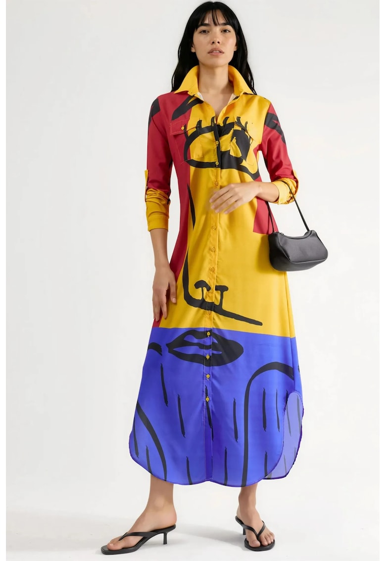 Rochie Maxi dama - Imprimeu Abstract - Maneci Lungi - Multicolor - Poliester-Lycra