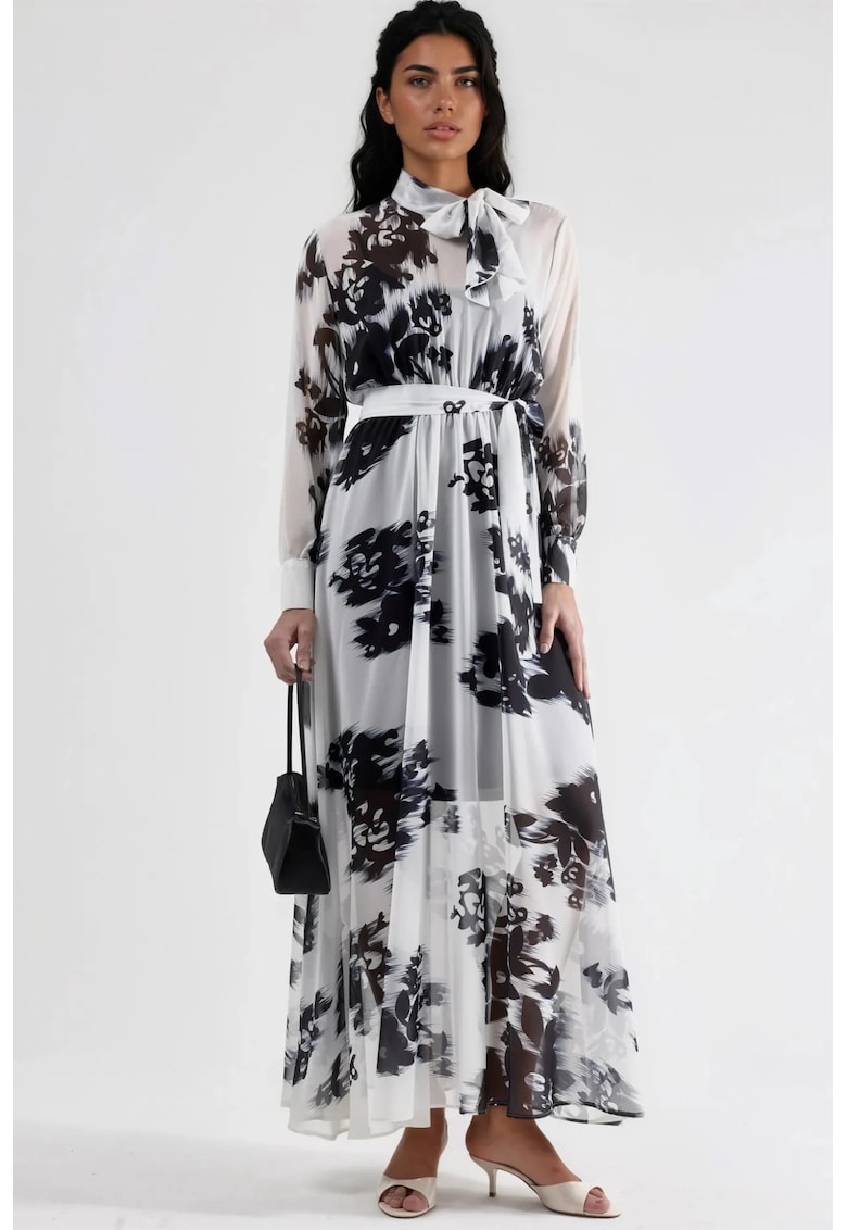Rochie Maxi dama - Floral - Alb/Negru - Poliester/Bumbac/Lycra