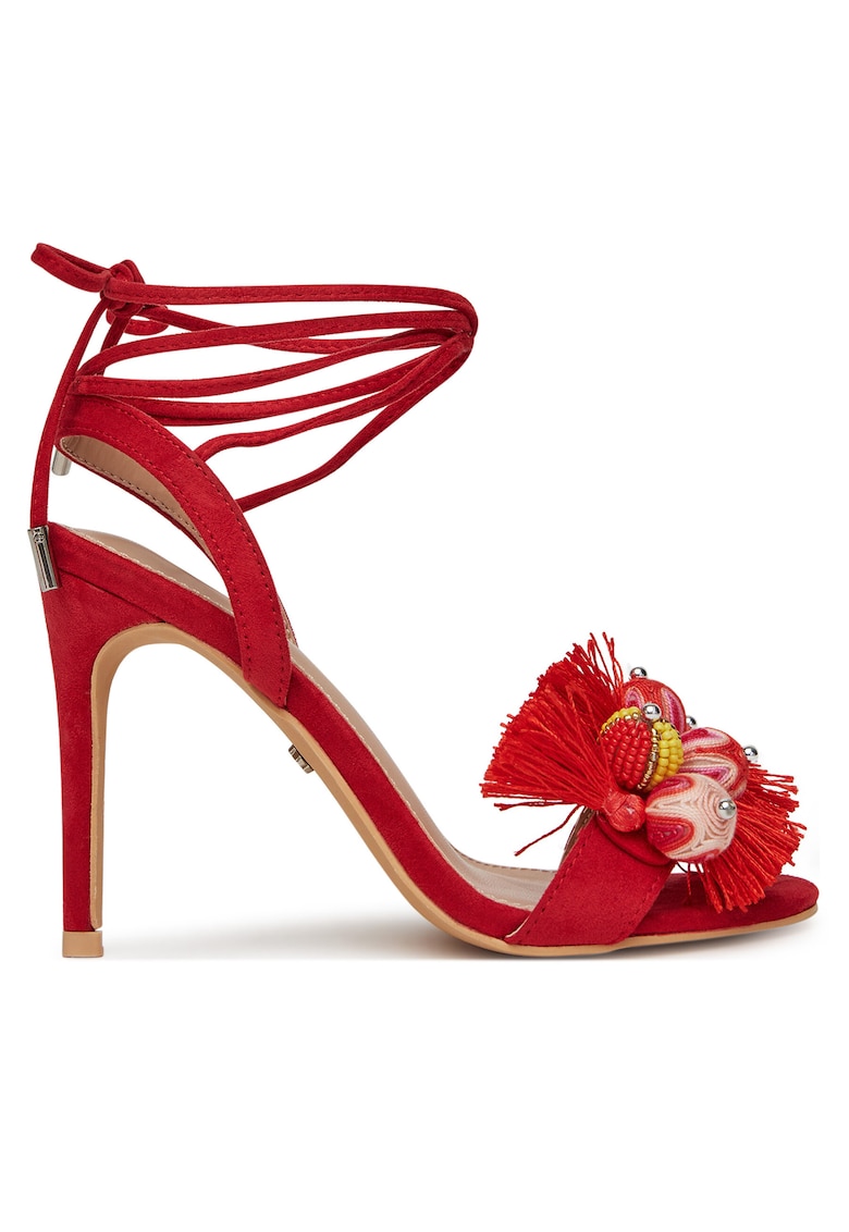 Sandale dama - stiletto - franjuri si margele - rosu - textil