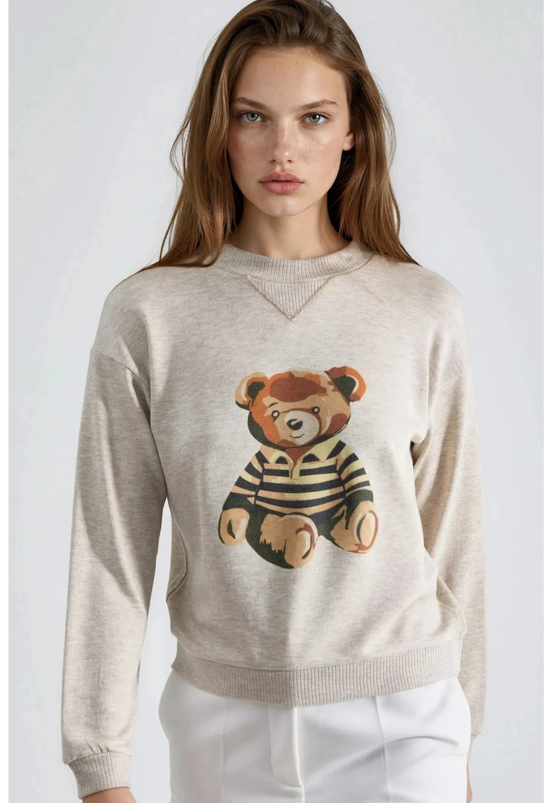 Hanorac dama - tricotat - imprimeu pe spate - crem natural - acrilic-elastan