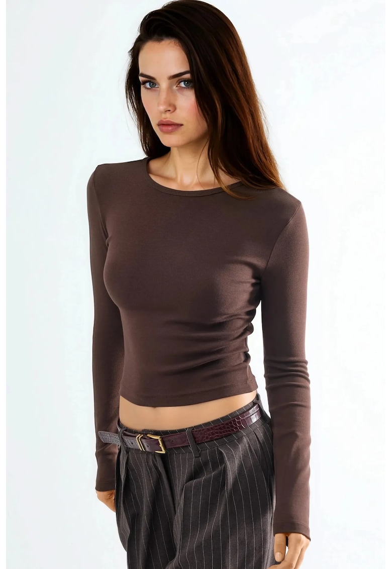 Bluza dama maneca lunga - guler rotund - bumbac - maro