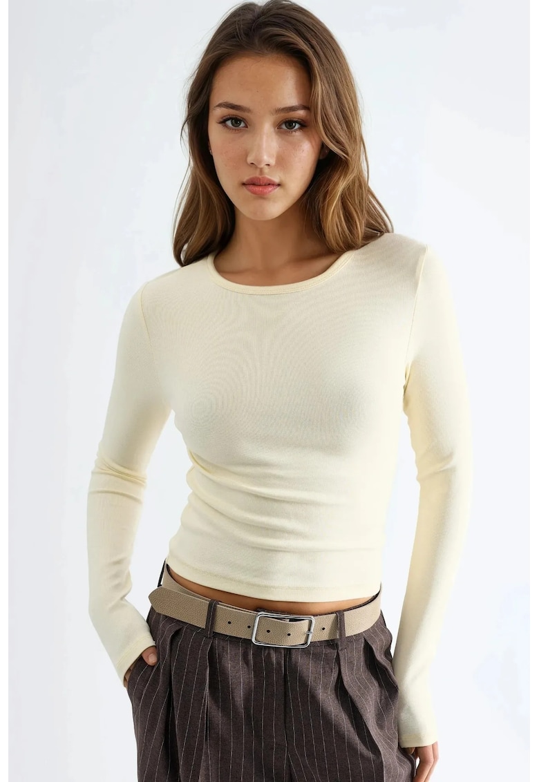 Bluza dama - maneca lunga - guler rotund - galben - bumbac-elastan