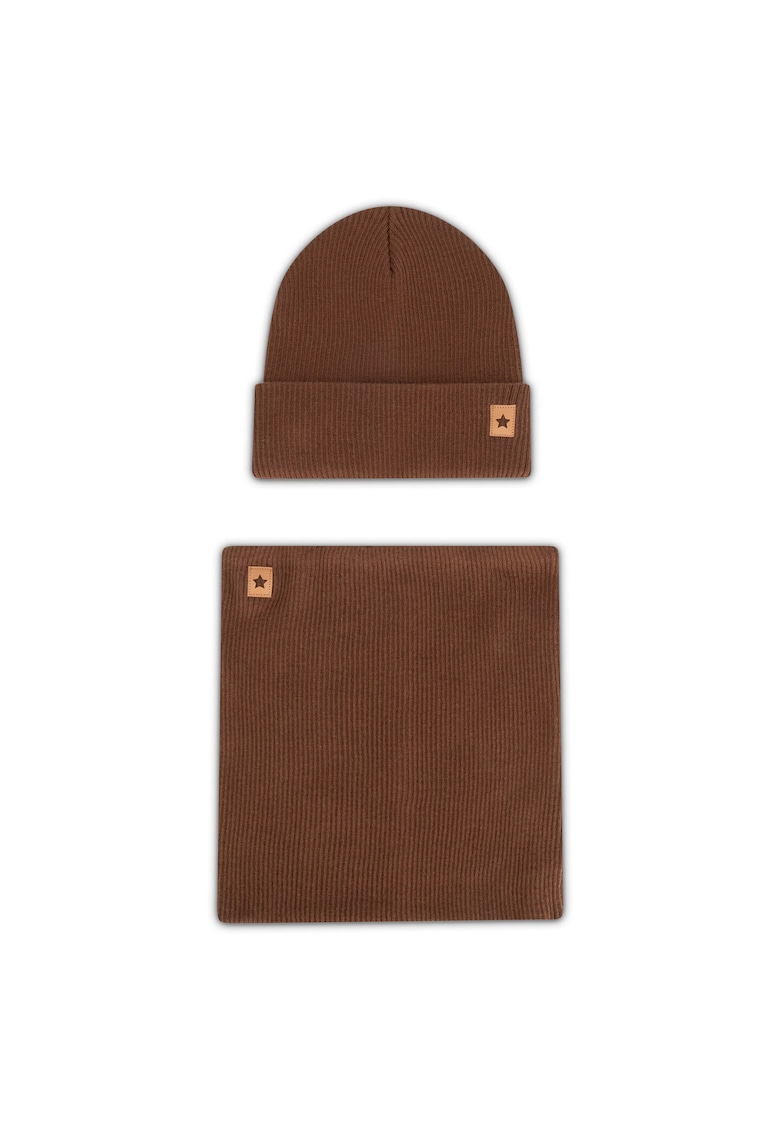 Set caciula si fular baieti - bumbac organic - maro - Marime Unica